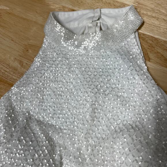 Mac Duggal NWOT Lattice Beaded Halter Midi Cocktail Dress Size 10 White Wedding - Picture 5 of 9